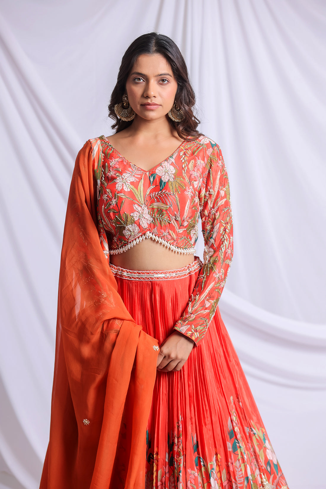 ORANGE FLORAL PRINTED HAND EMBROIDERED LEHENGA SET