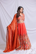 ORANGE FLORAL PRINTED HAND EMBROIDERED LEHENGA SET