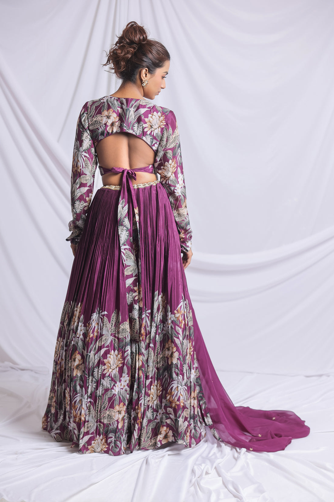 WINE FLORAL PRINTED HAND EMBROIDERED LEHENGA SET