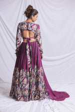 WINE FLORAL PRINTED HAND EMBROIDERED LEHENGA SET