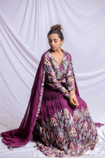 WINE FLORAL PRINTED HAND EMBROIDERED LEHENGA SET