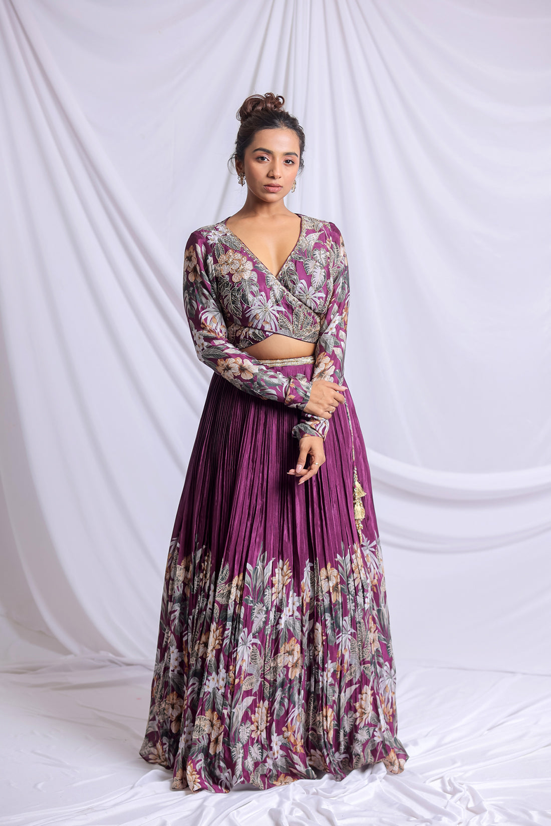 WINE FLORAL PRINTED HAND EMBROIDERED LEHENGA SET