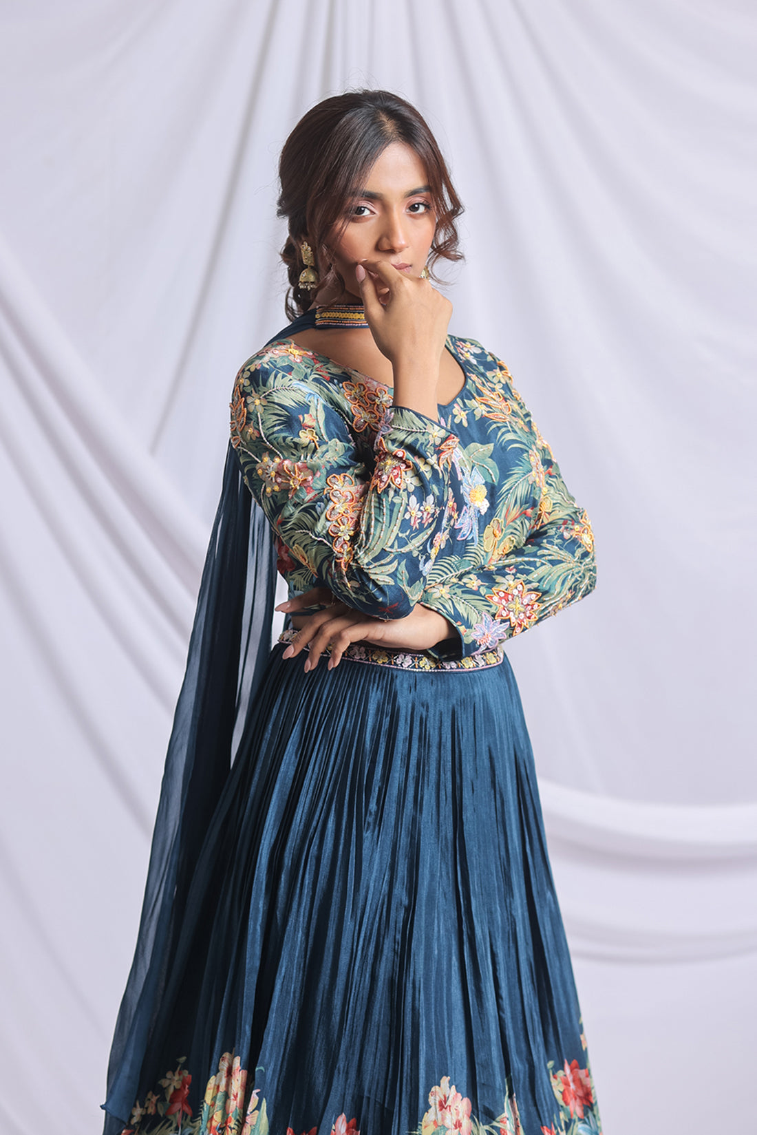 PEACOCK BLUE FLORAL PRINTED HAND EMBROIDERED LEHENGA SET