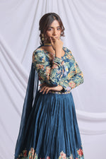 PEACOCK BLUE FLORAL PRINTED HAND EMBROIDERED LEHENGA SET
