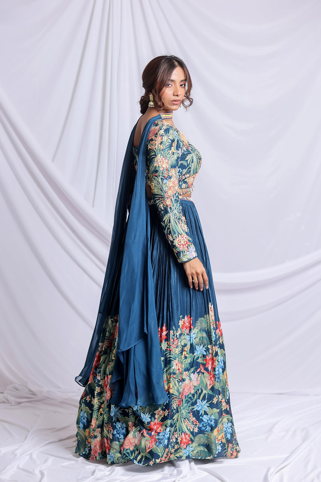 PEACOCK BLUE FLORAL PRINTED HAND EMBROIDERED LEHENGA SET