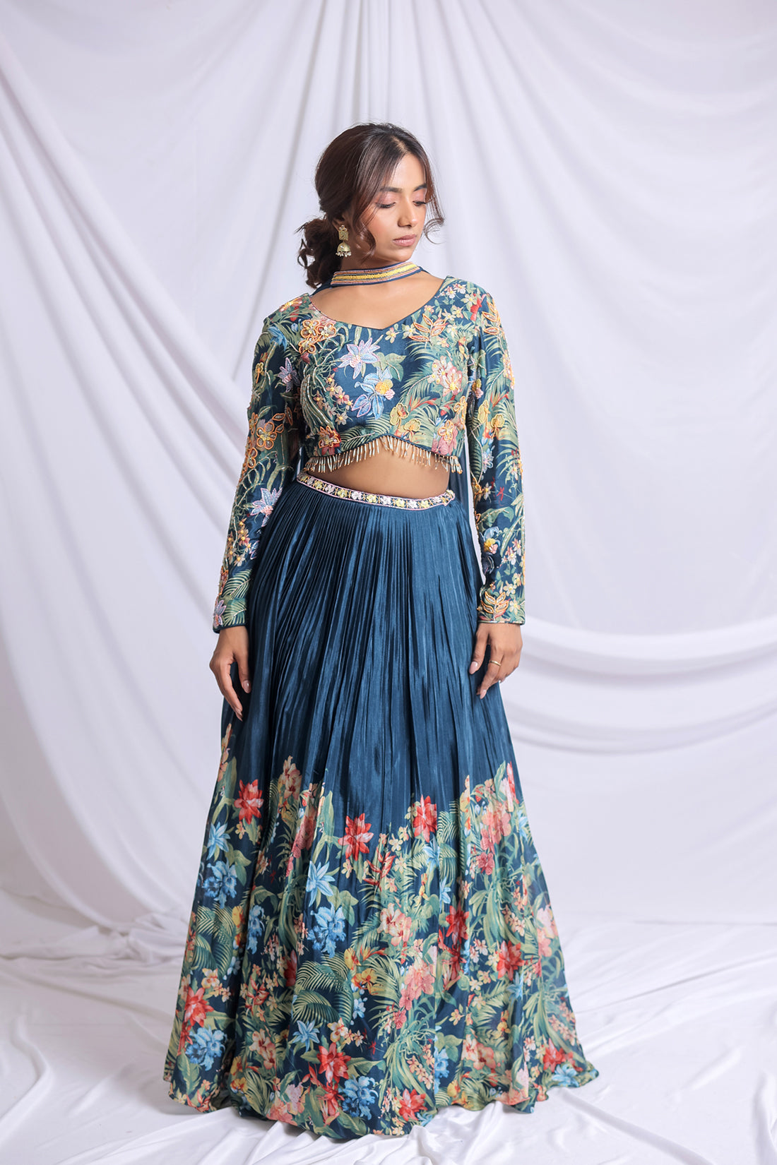 PEACOCK BLUE FLORAL PRINTED HAND EMBROIDERED LEHENGA SET