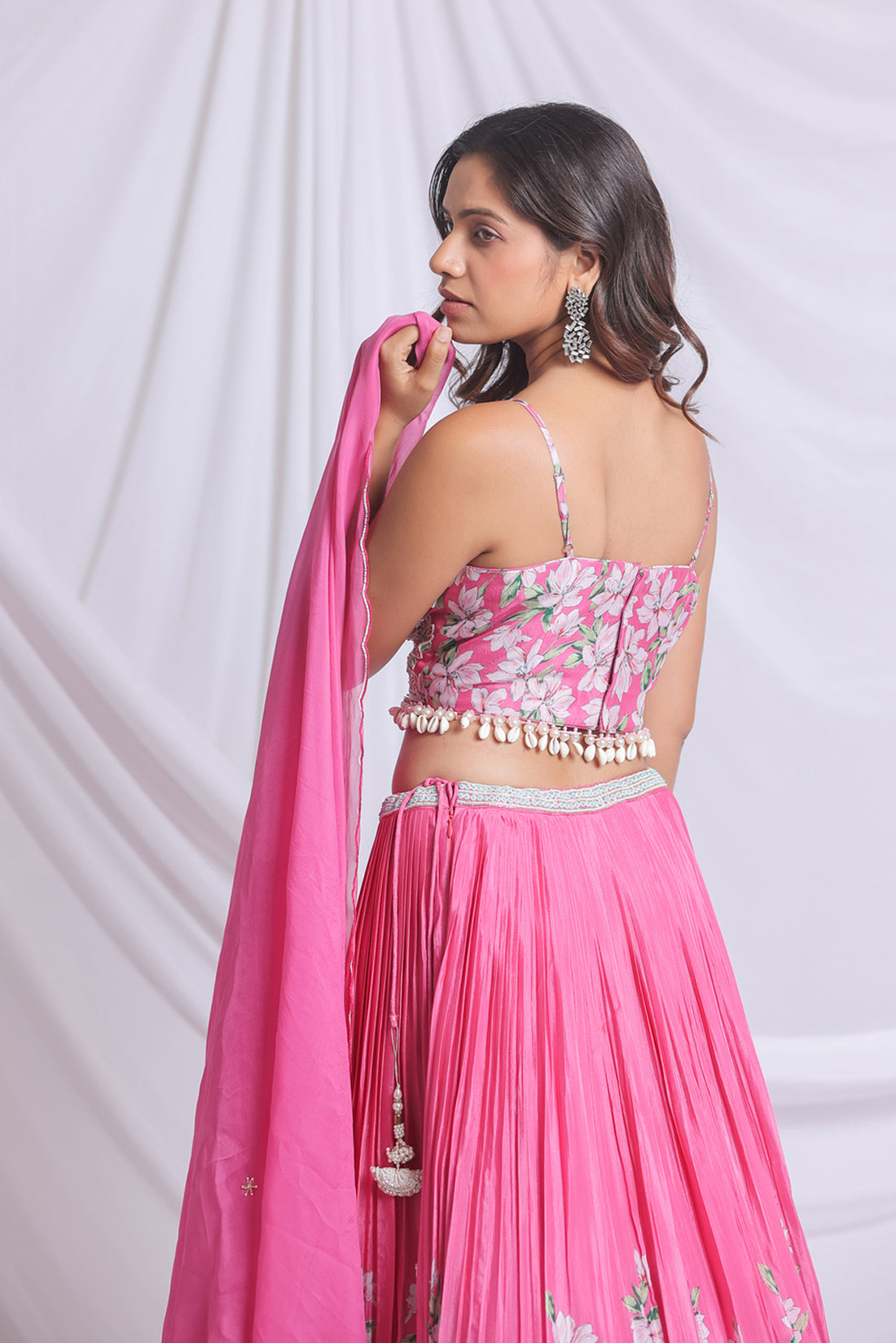 PINK FLORAL PRINTED HAND EMBROIDERED LEHENGA SET