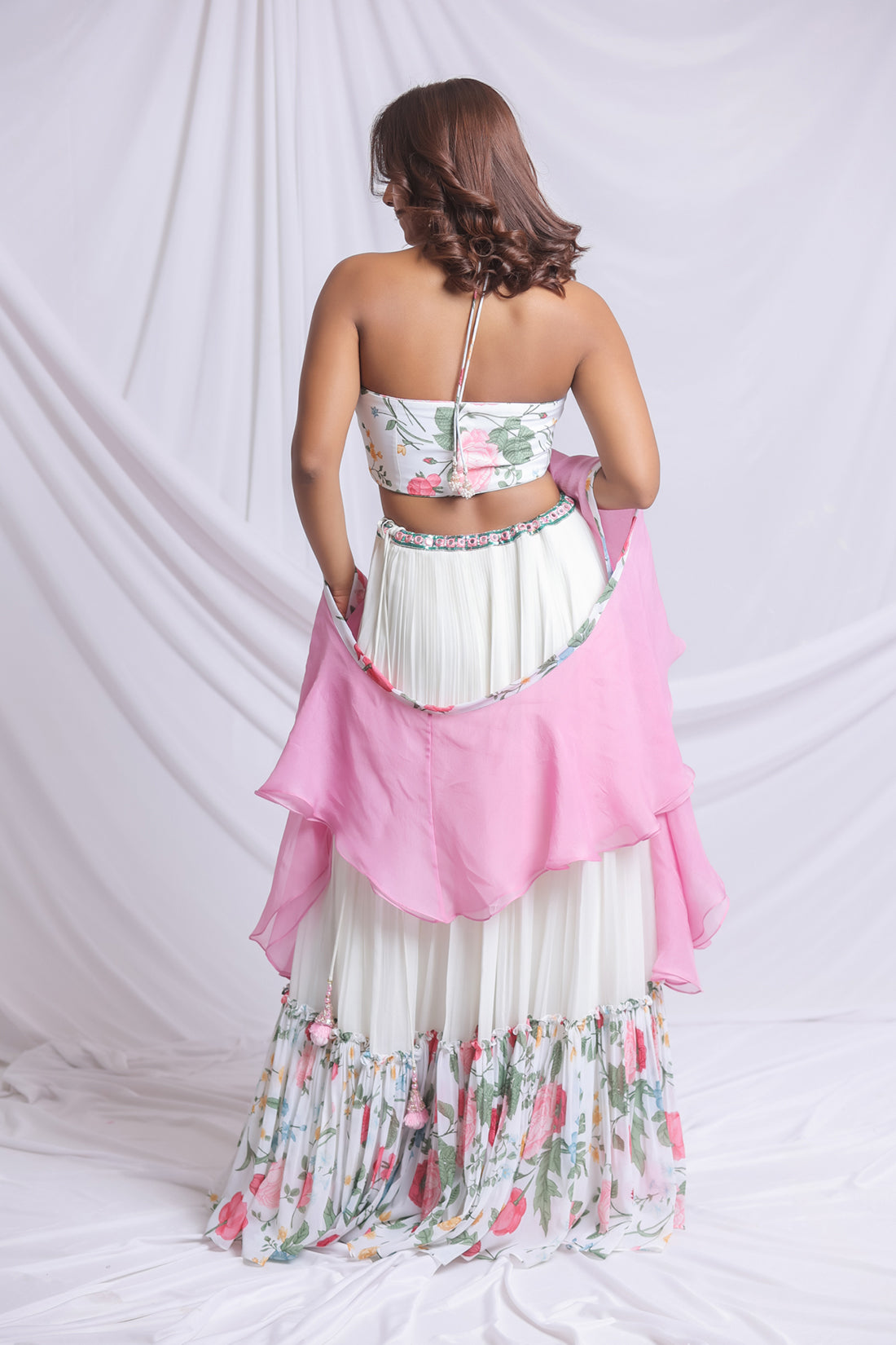 WHITE FLORAL PRINTED HAND EMBROIDERED LEHENGA SET