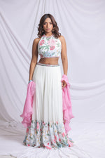 WHITE FLORAL PRINTED HAND EMBROIDERED LEHENGA SET