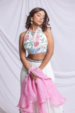 WHITE FLORAL PRINTED HAND EMBROIDERED LEHENGA SET