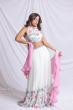 WHITE FLORAL PRINTED HAND EMBROIDERED LEHENGA SET