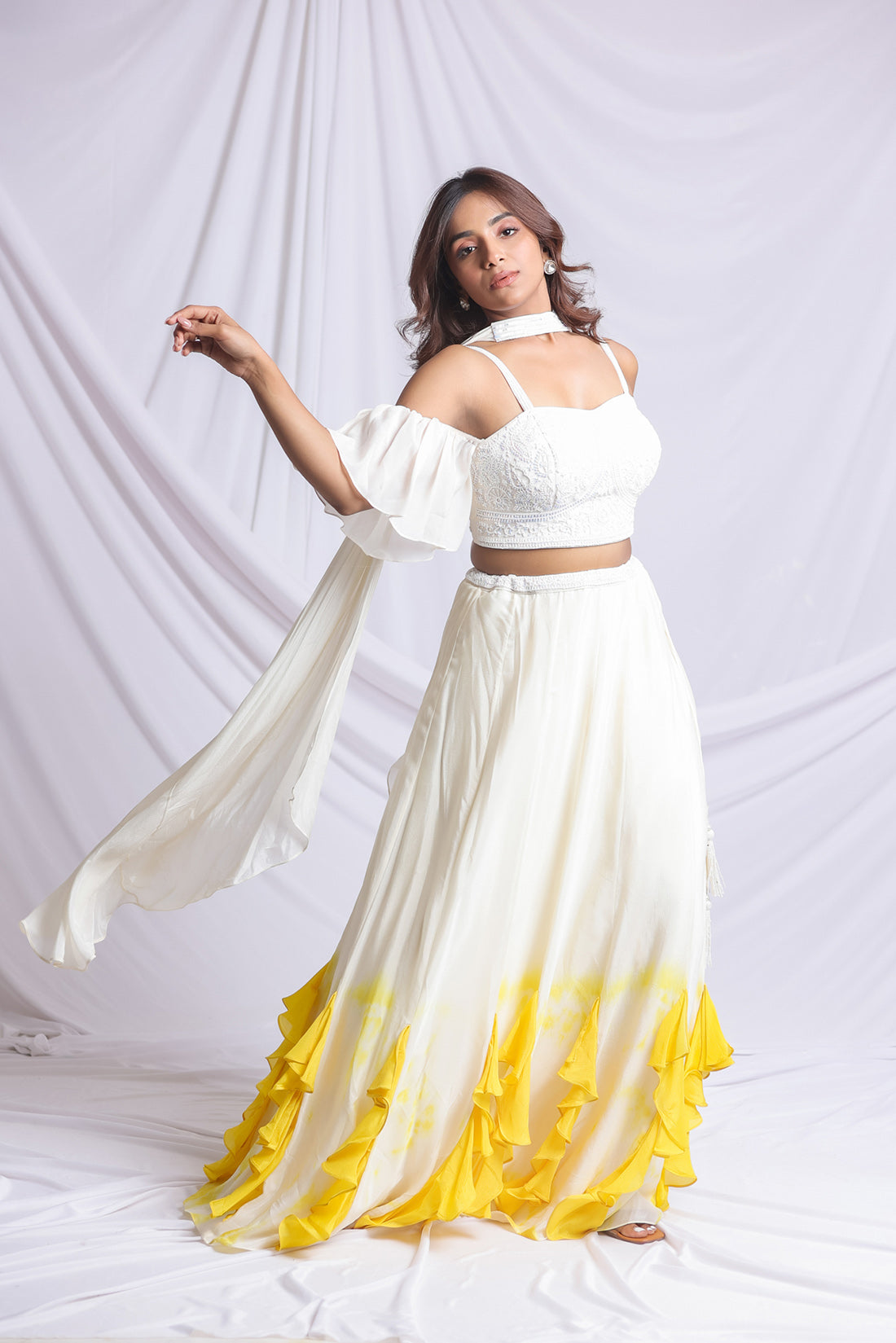 WHITE & YELLOW HAND EMBROIDERED LEHENGA SET