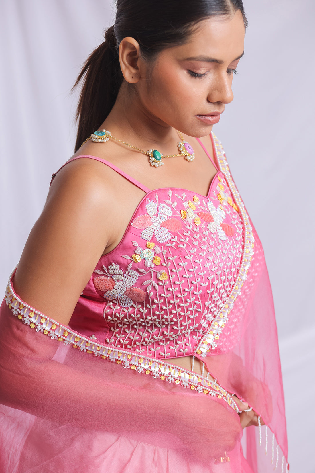 DARK PINK HAND EMBROIDERED DRAPED SKIRT