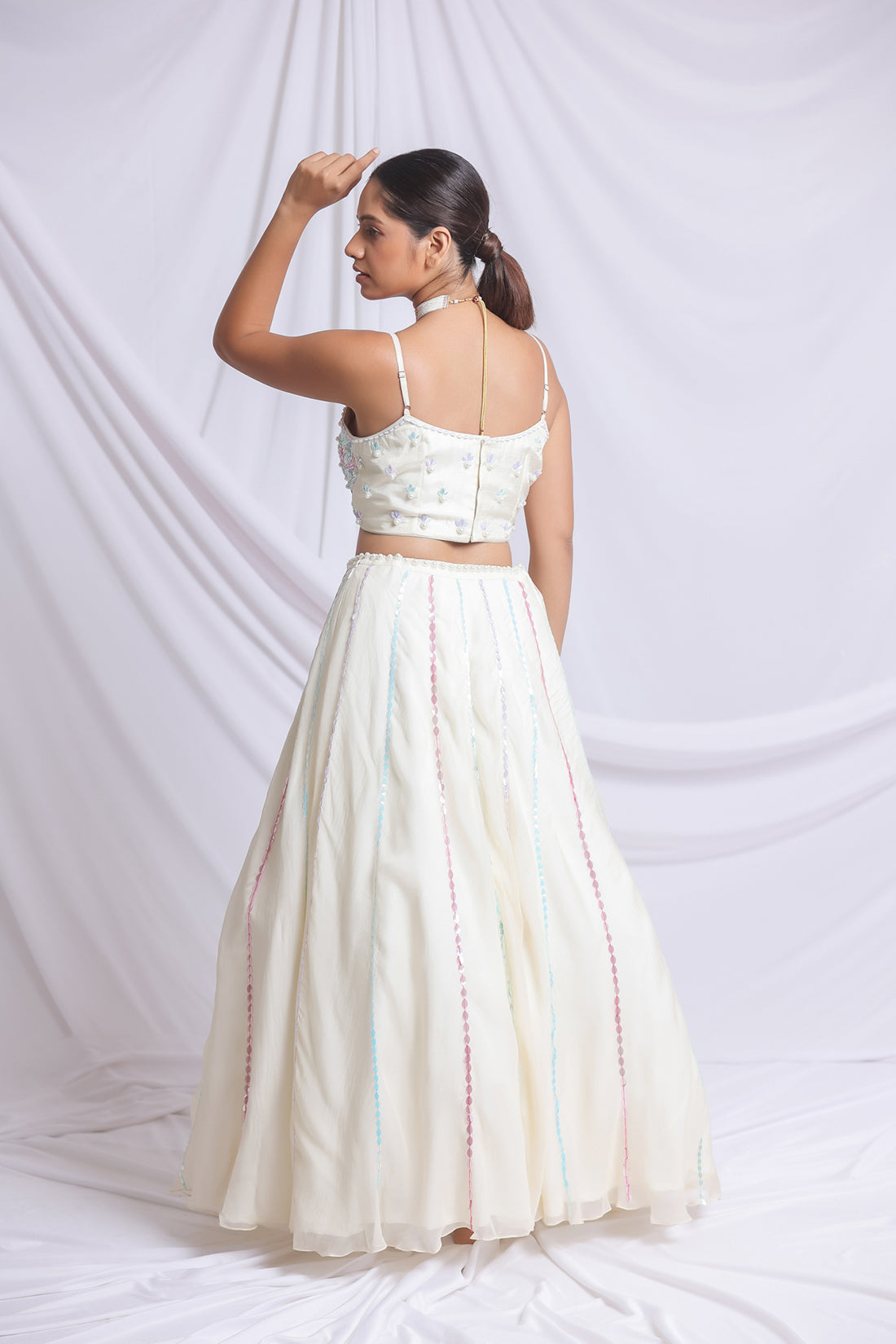 OFF WHITE COLOURFUL HAND EMBROIDERED LEHENGA SET
