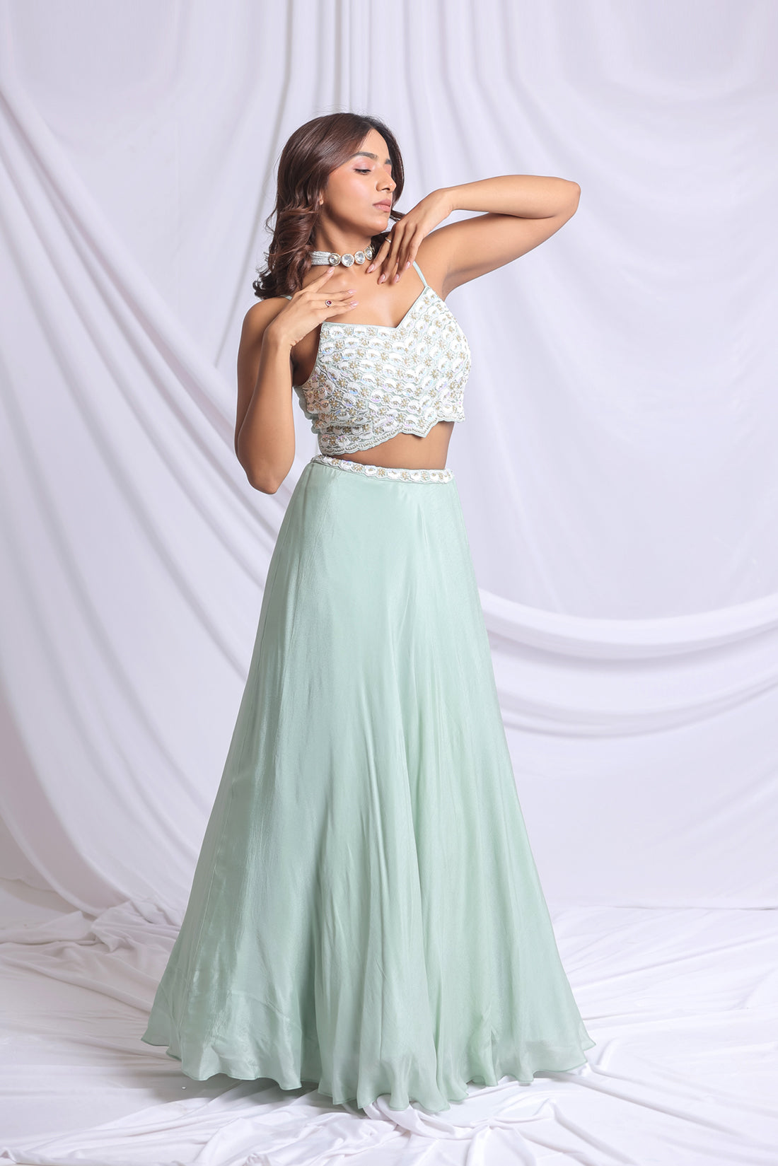 MINT GREEN HAND EMBROIDERED LEHENGA SET
