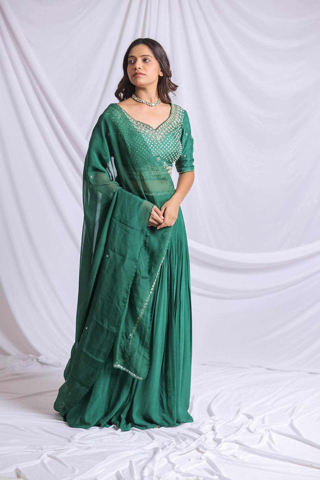 BOTTOM GREEN HAND EMBROIDERED LEHENGA SET