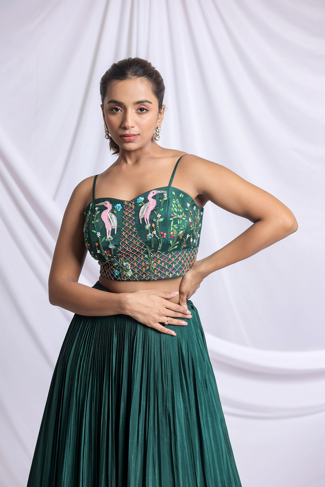 BOTTLE GREEN ROYALE EMBROIDERED LEHENGA SET