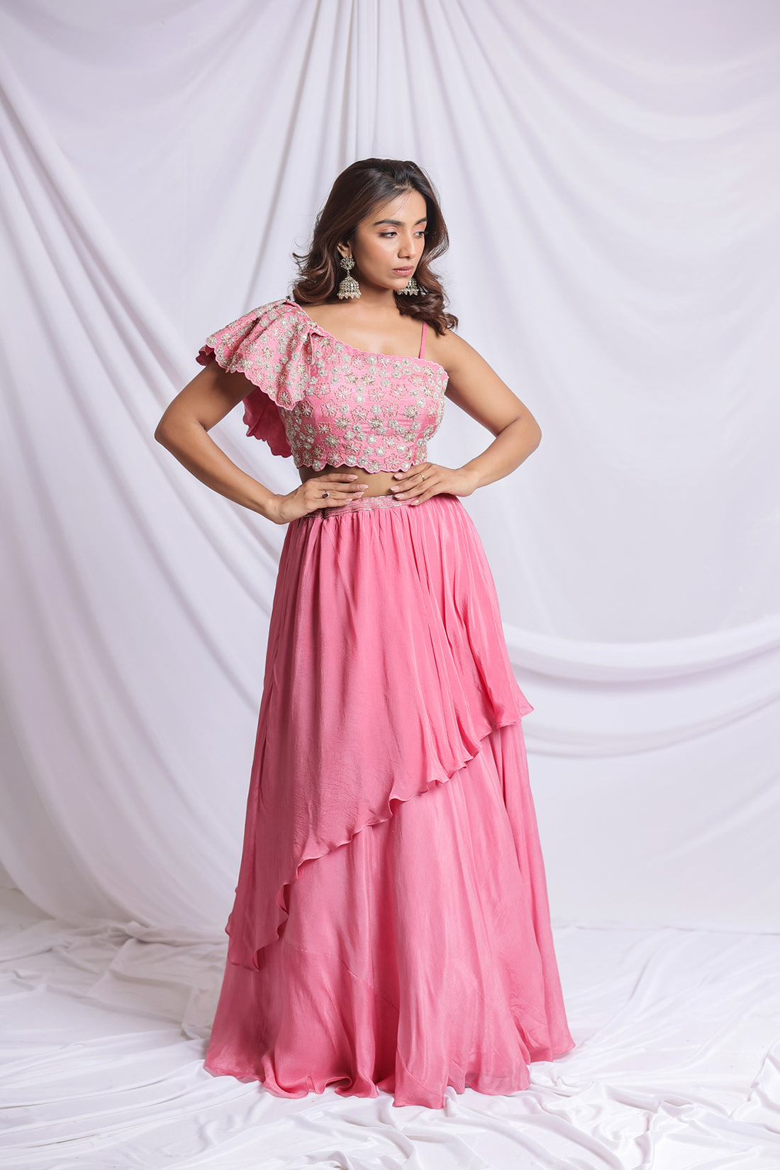 DUST PINK LUXE ONE SHOULDER LEHENGA SET