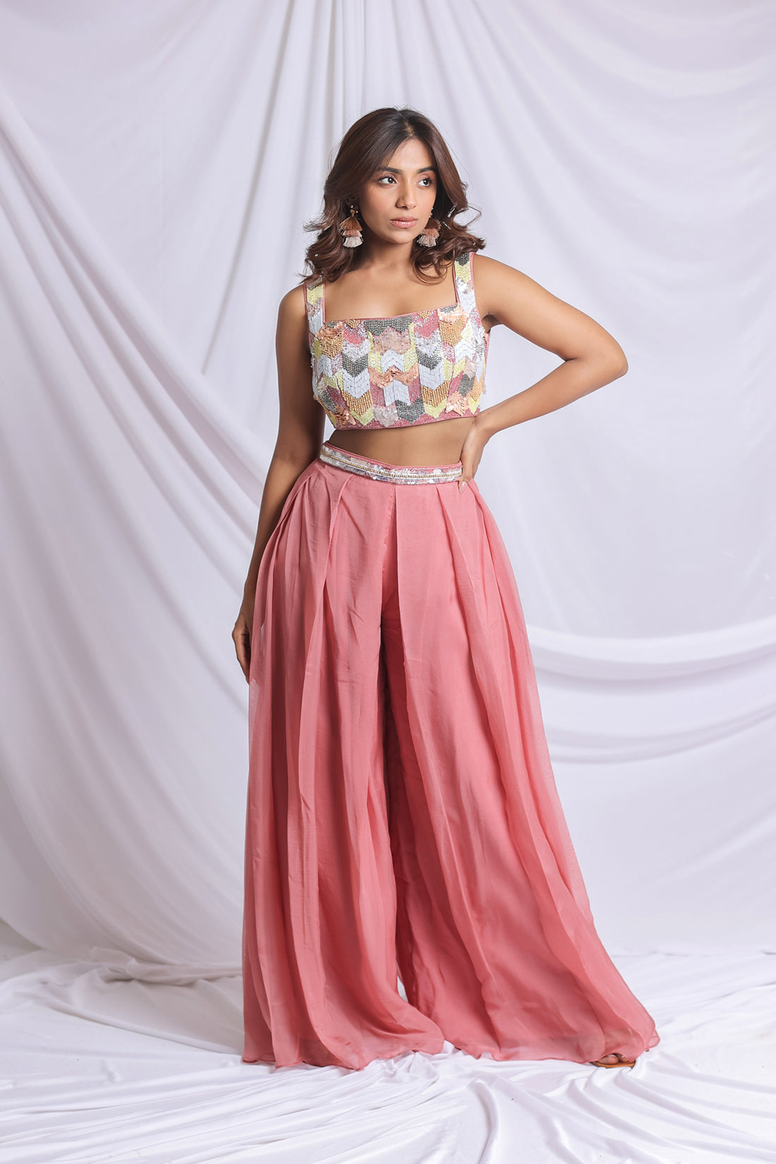 BROWN LUXE BOX PLEATED INDO WESTERN PALAZZO SET