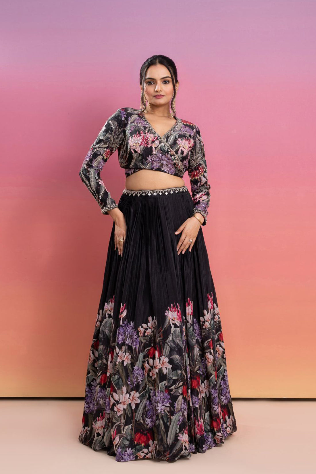 BLACK FLORAL PRINTED HAND EMBROIDERED LEHENGA SET