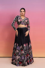 BLACK FLORAL PRINTED HAND EMBROIDERED LEHENGA SET