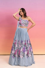 GREYISH BLUE FLORAL PRINTED HAND EMBROIDERED LEHENGA SET