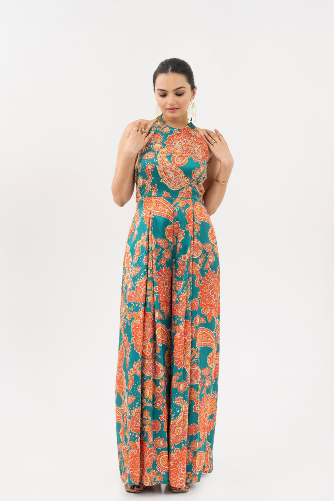 EMERALD GREEN PRINTED HAND EMBROIDERED JUMPSUIT