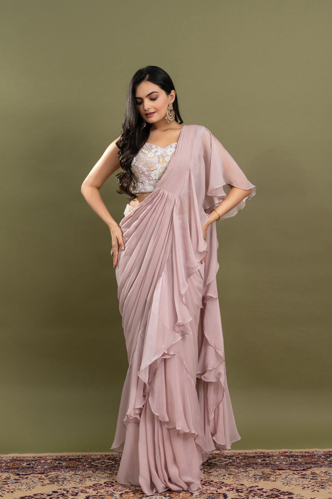 SOLID CORAL PINK HAND EMBROIDERED PRE-DRAPE SAREE