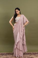 SOLID CORAL PINK HAND EMBROIDERED PRE-DRAPE SAREE