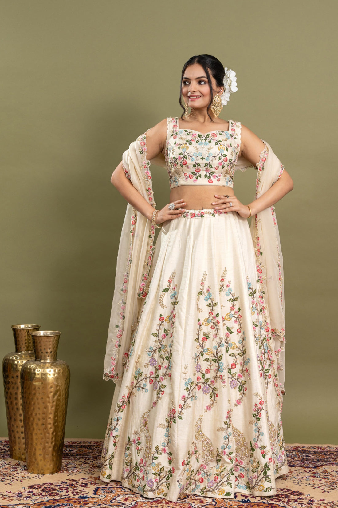 CREAM TRADITIONAL HAND EMBROIDERED LEHENGA SET