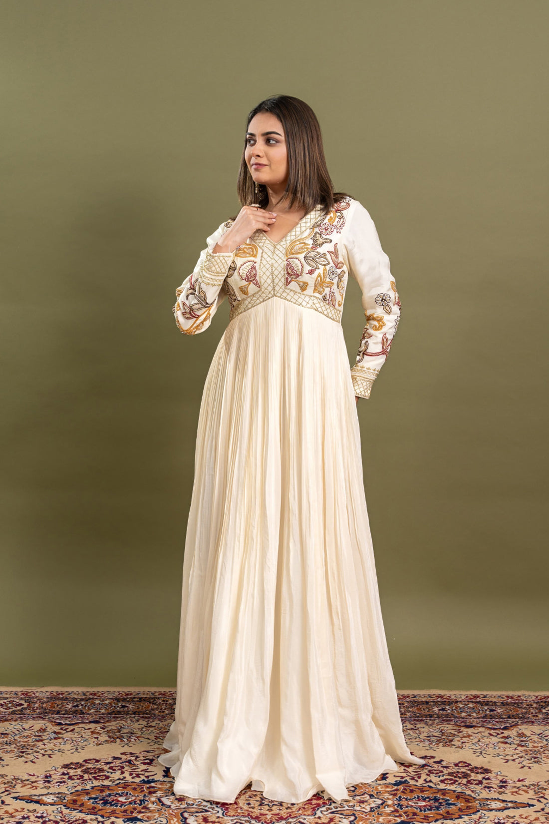 CREAM HAND EMBROIDERED PLEATED GOWN