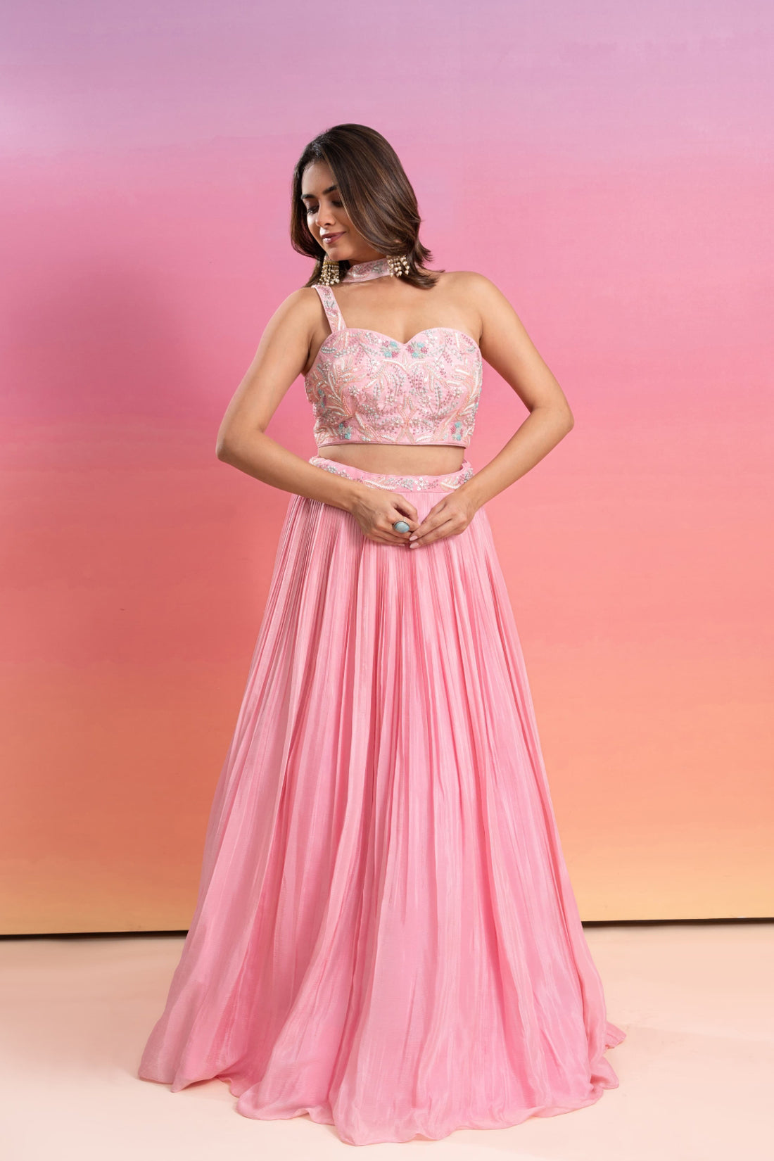 FLAMINGO PINK HAND EMBROIDERED ONE STRAP LEHENGA SET