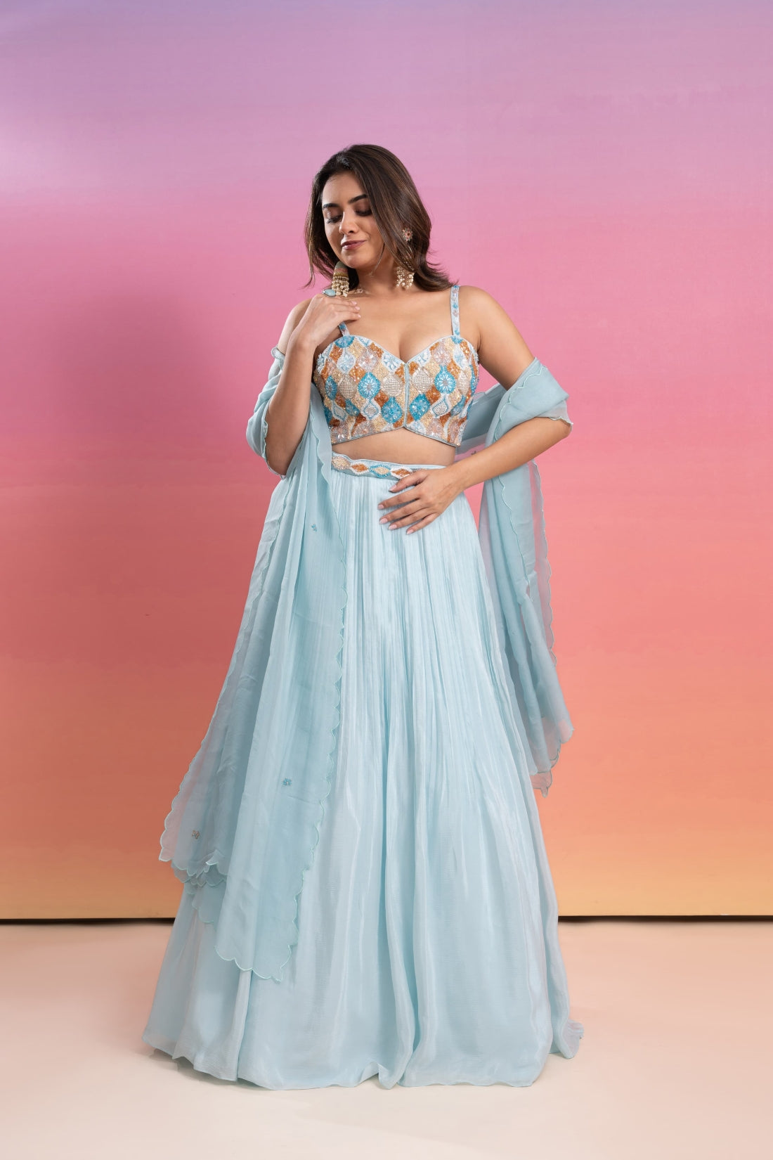 SKY BLUE HAND EMBROIDERED LEHENGA SET
