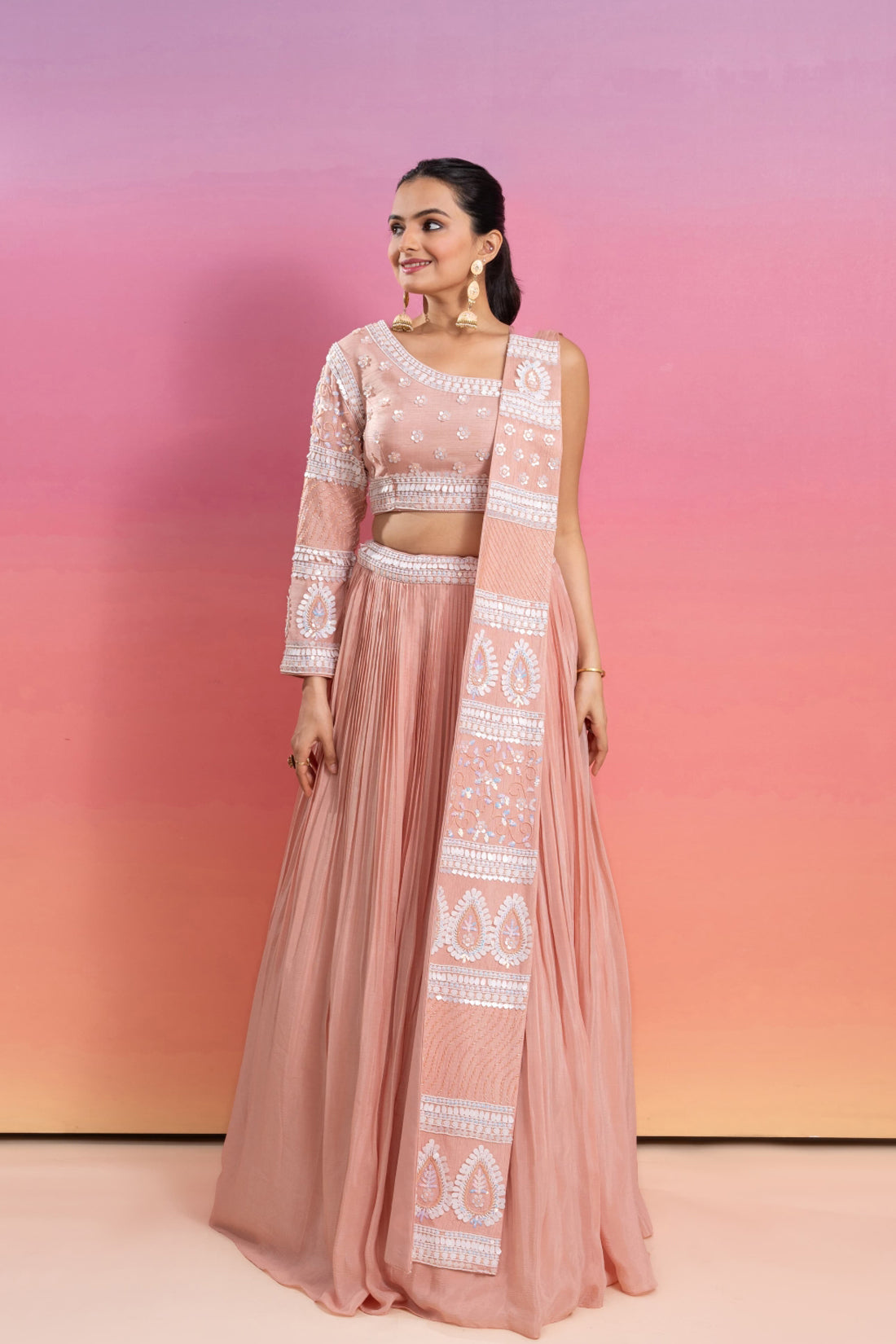 PEACH HAND EMBROIDERED LEHENGA SET