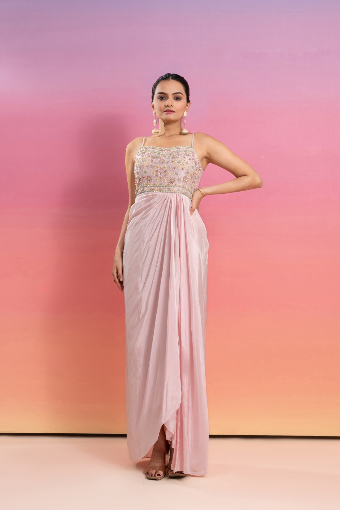 BABY PINK HAND EMBROIDERED DRAPE GOWN