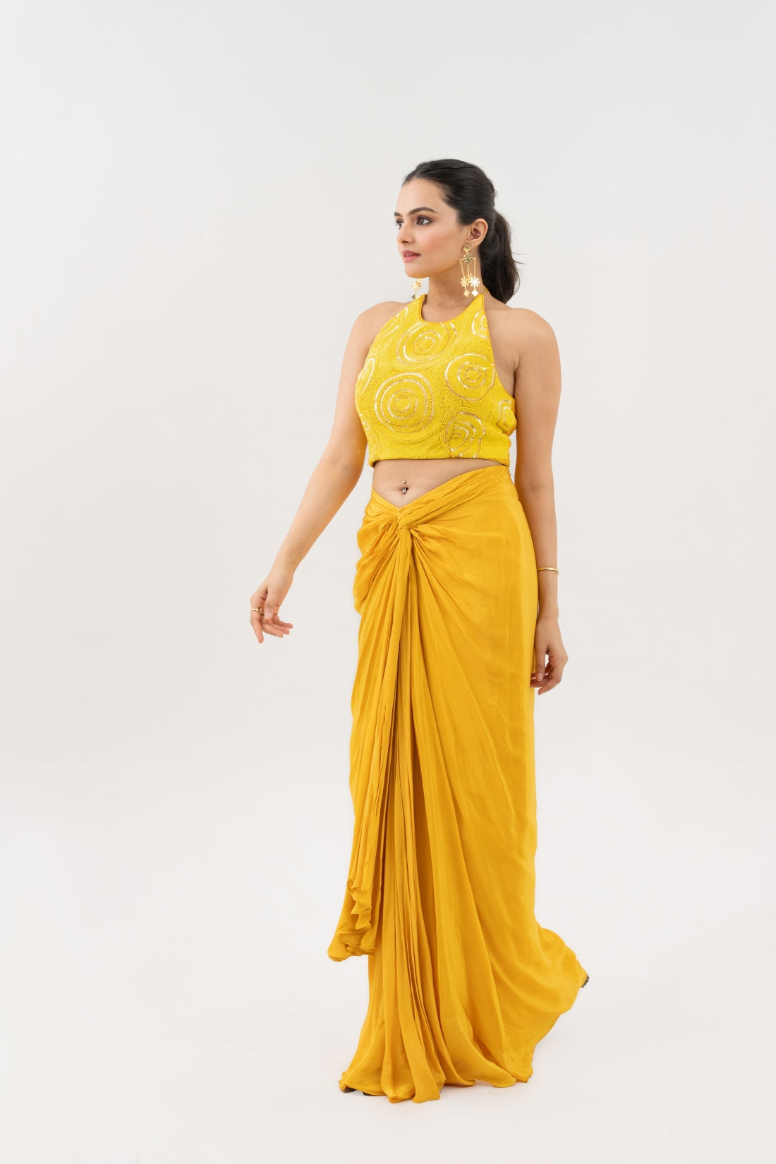 MUSTARD YELLOW HAND EMBROIDERED DRAPE SKIRT