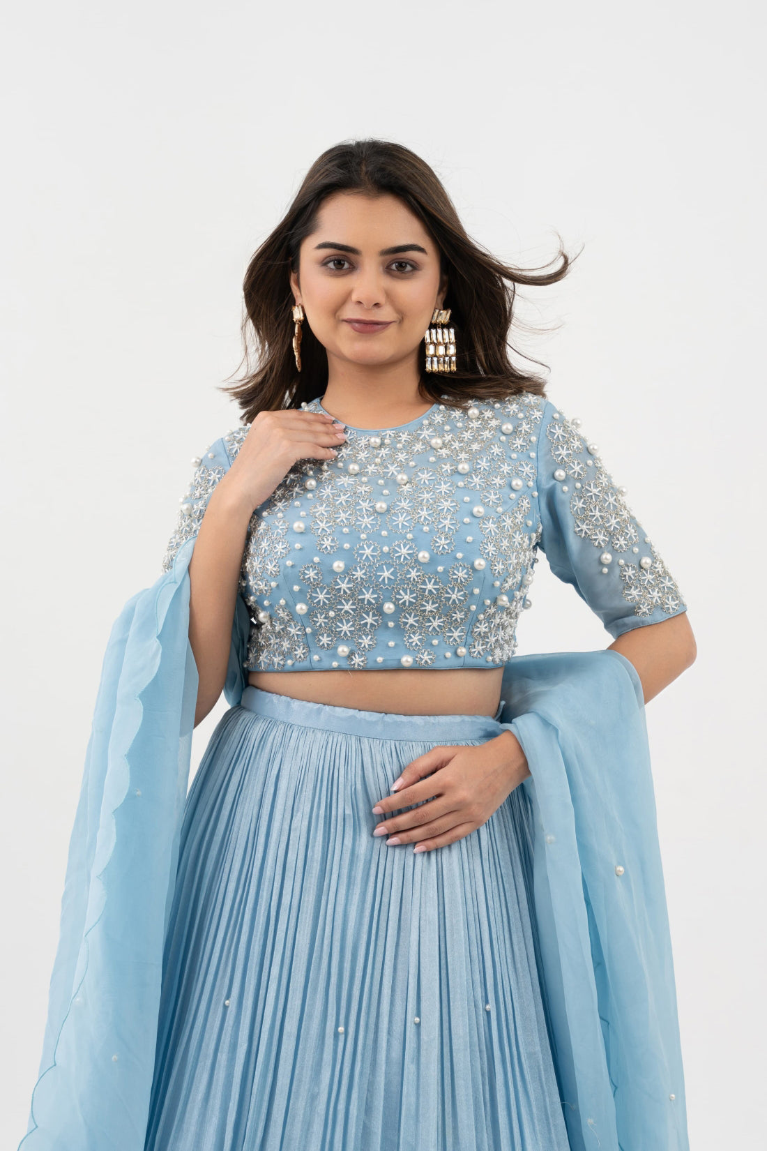 SKY BLUE HAND EMBROIDERED TISSUE LEHENGA SET