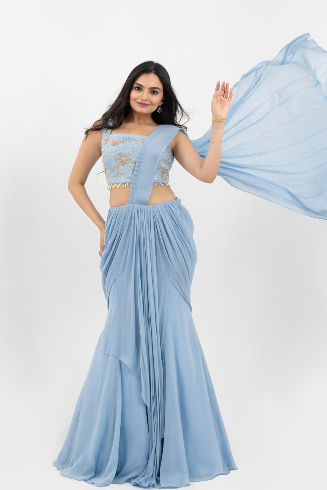 SKY BLUE HAND EMBROIDERED PRE-DRAPE SAREE