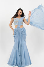 SKY BLUE HAND EMBROIDERED PRE-DRAPE SAREE