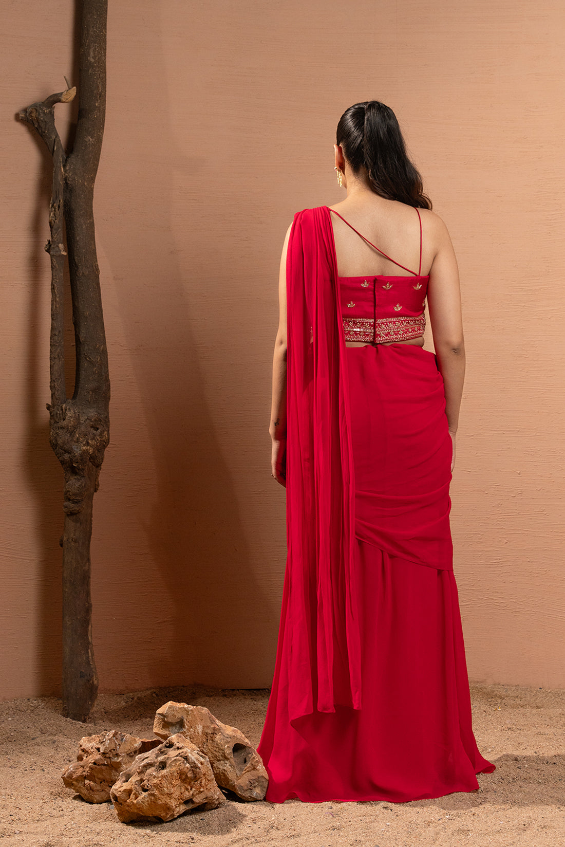 HOT PINK HAND EMBROIDERED PRE-DRAPED SAREE