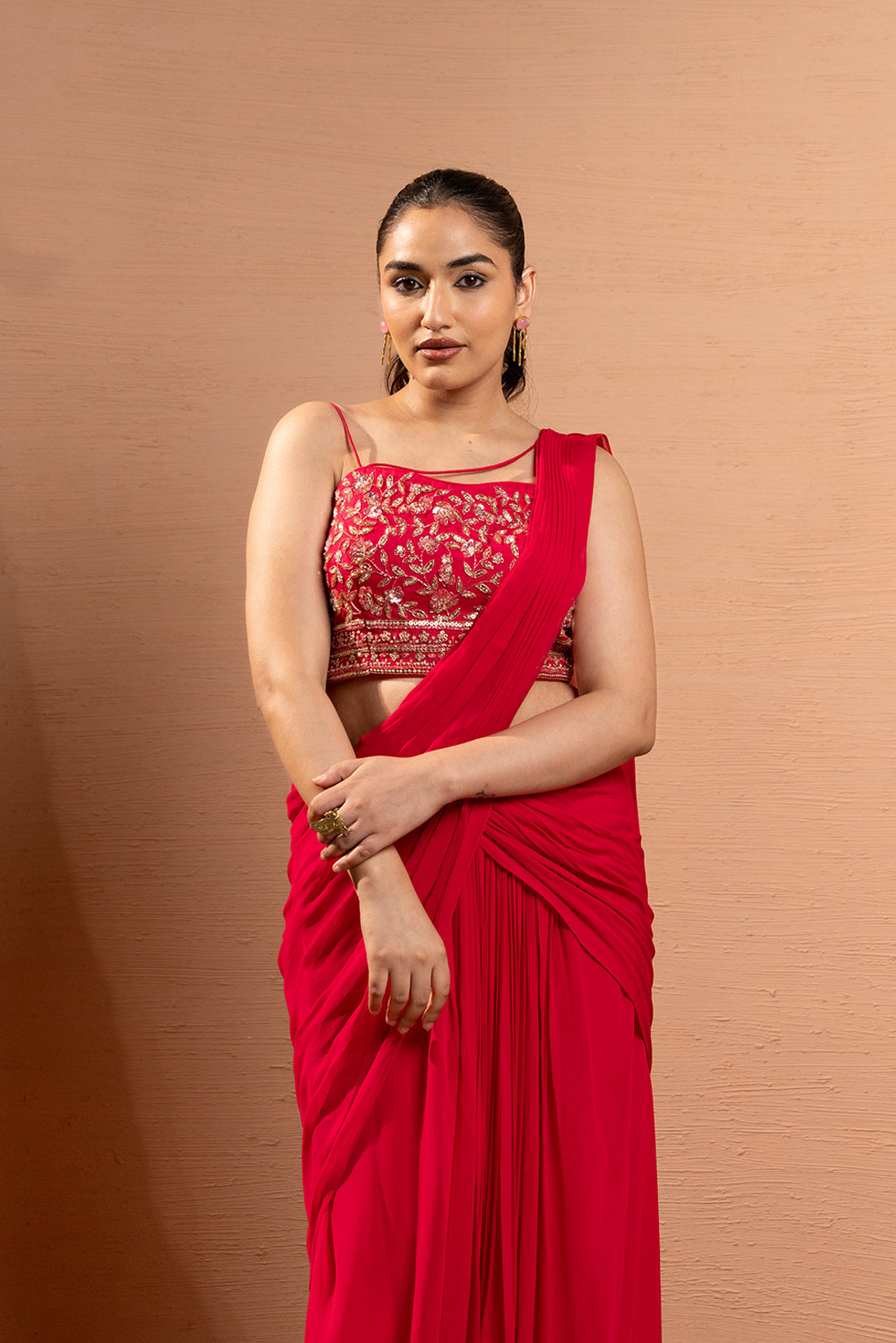 HOT PINK HAND EMBROIDERED PRE-DRAPED SAREE