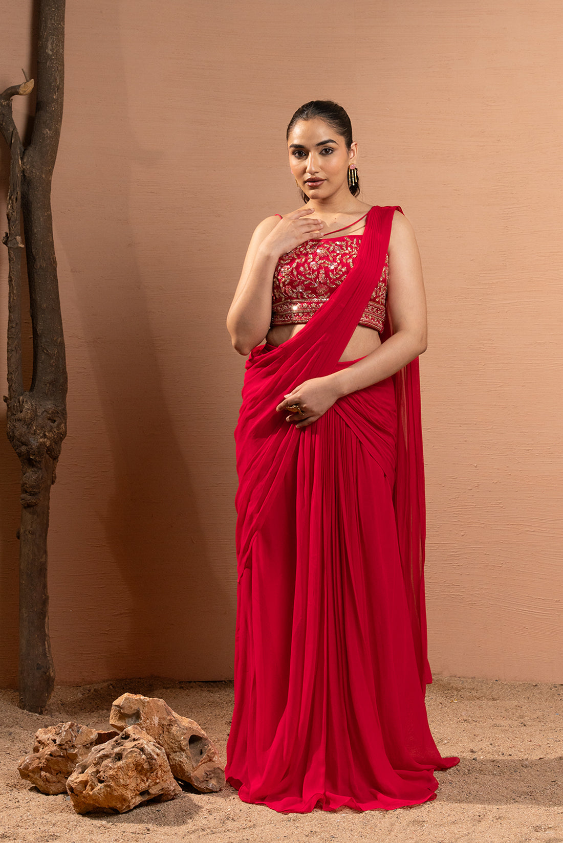 HOT PINK HAND EMBROIDERED PRE-DRAPED SAREE