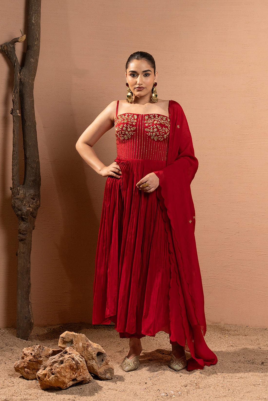 CRIMSON RED HAND EMBROIDERED ANARKALI SET