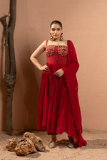 CRIMSON RED HAND EMBROIDERED ANARKALI SET