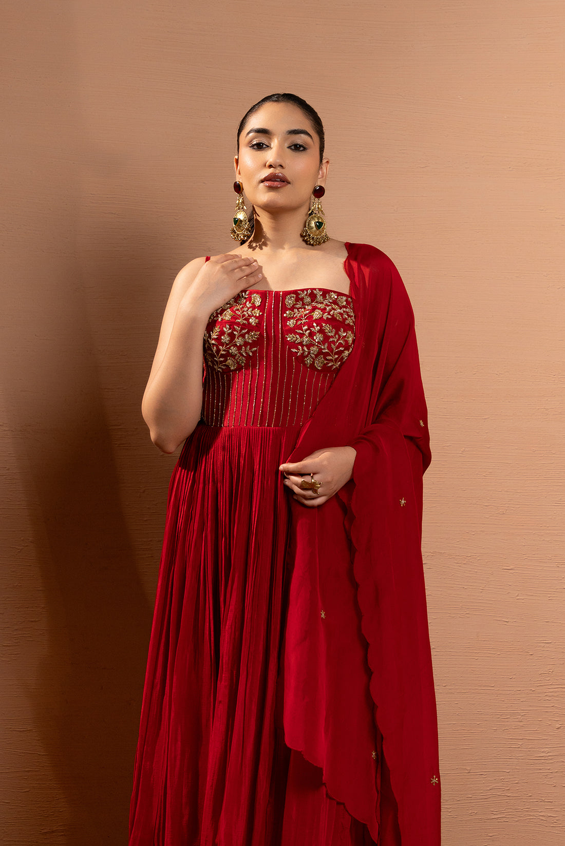 CRIMSON RED HAND EMBROIDERED ANARKALI SET
