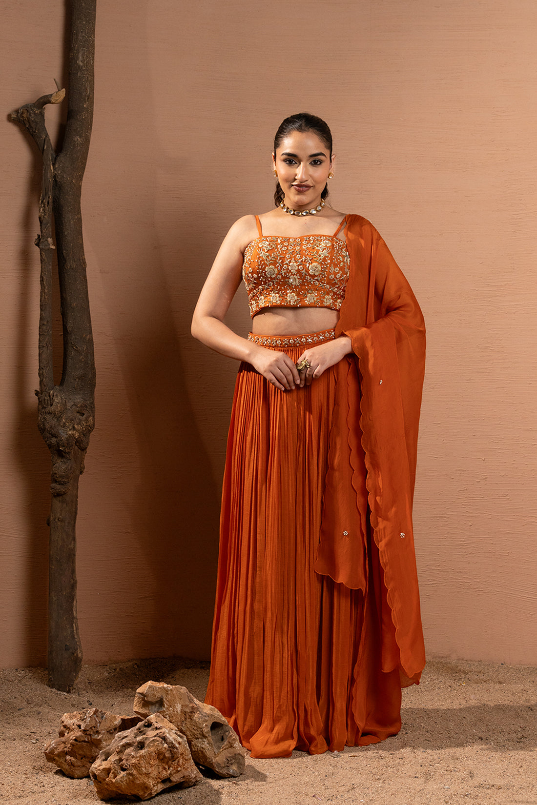 ORANGE HAND EMBROIDERED LEHENGA SET