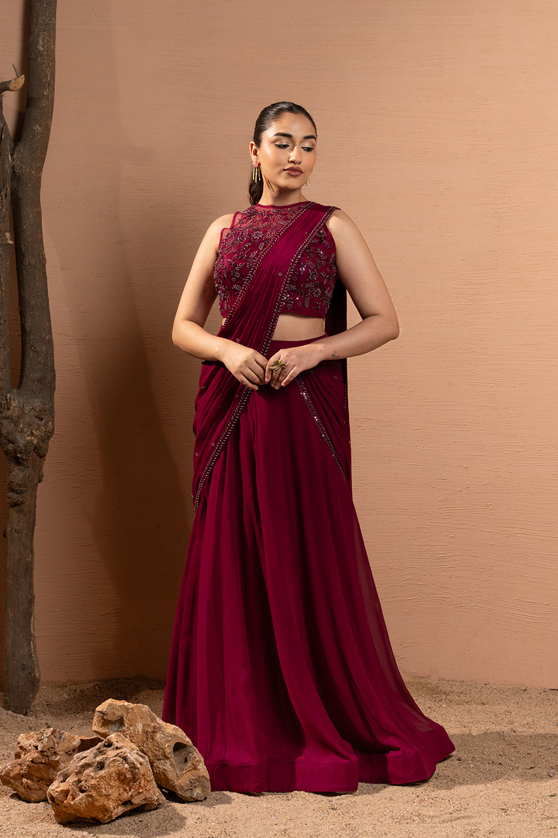 WINE EMBROIDERED SAREE