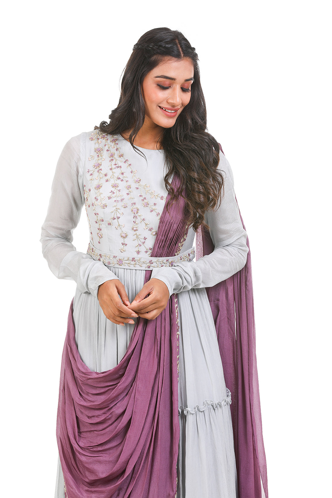GREY & DUSTY PURPLE HAND EMBROIDERED GOWN