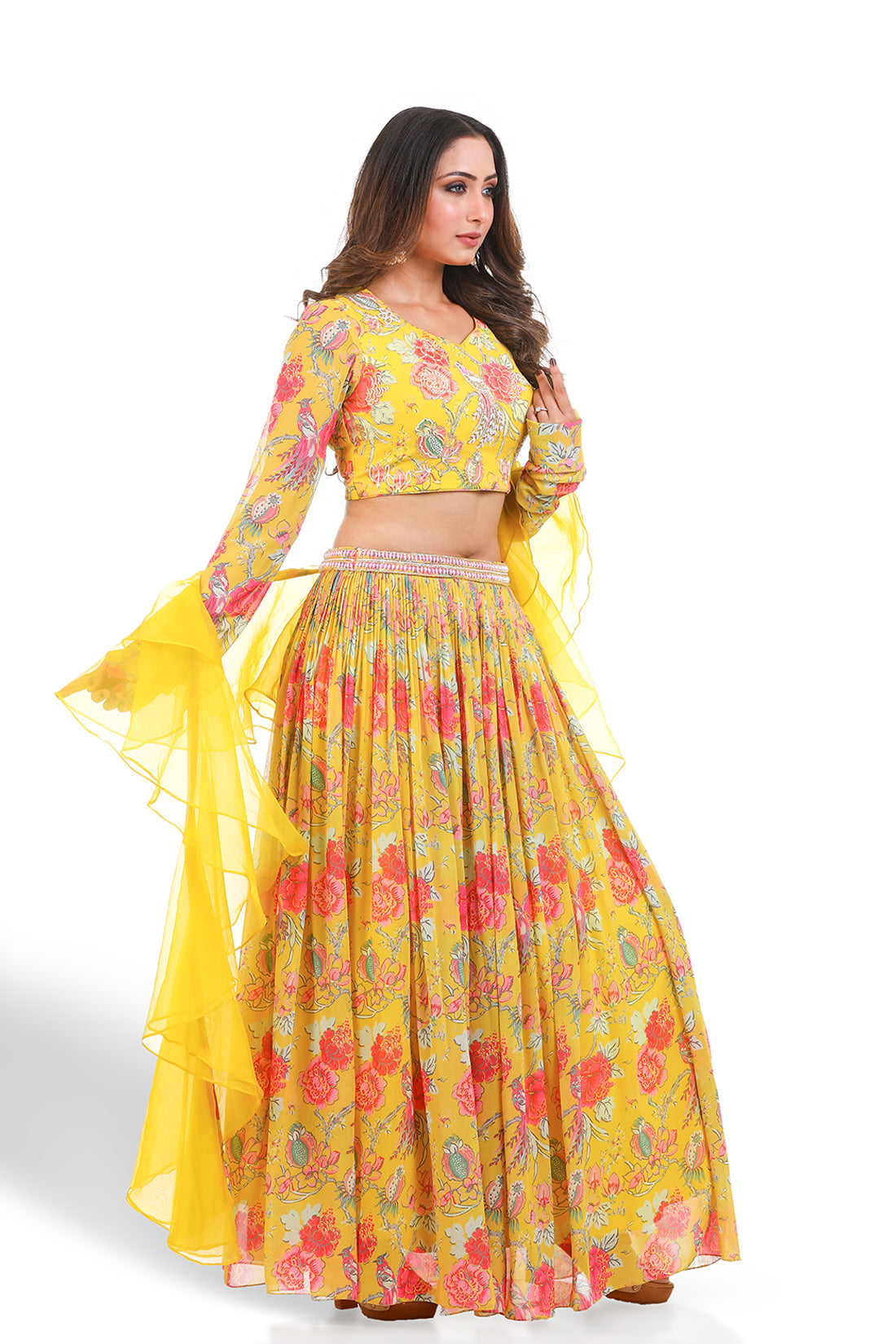 YELLOW PRINTED HAND EMBROIDERED LEHENGA SET