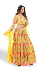 YELLOW PRINTED HAND EMBROIDERED LEHENGA SET